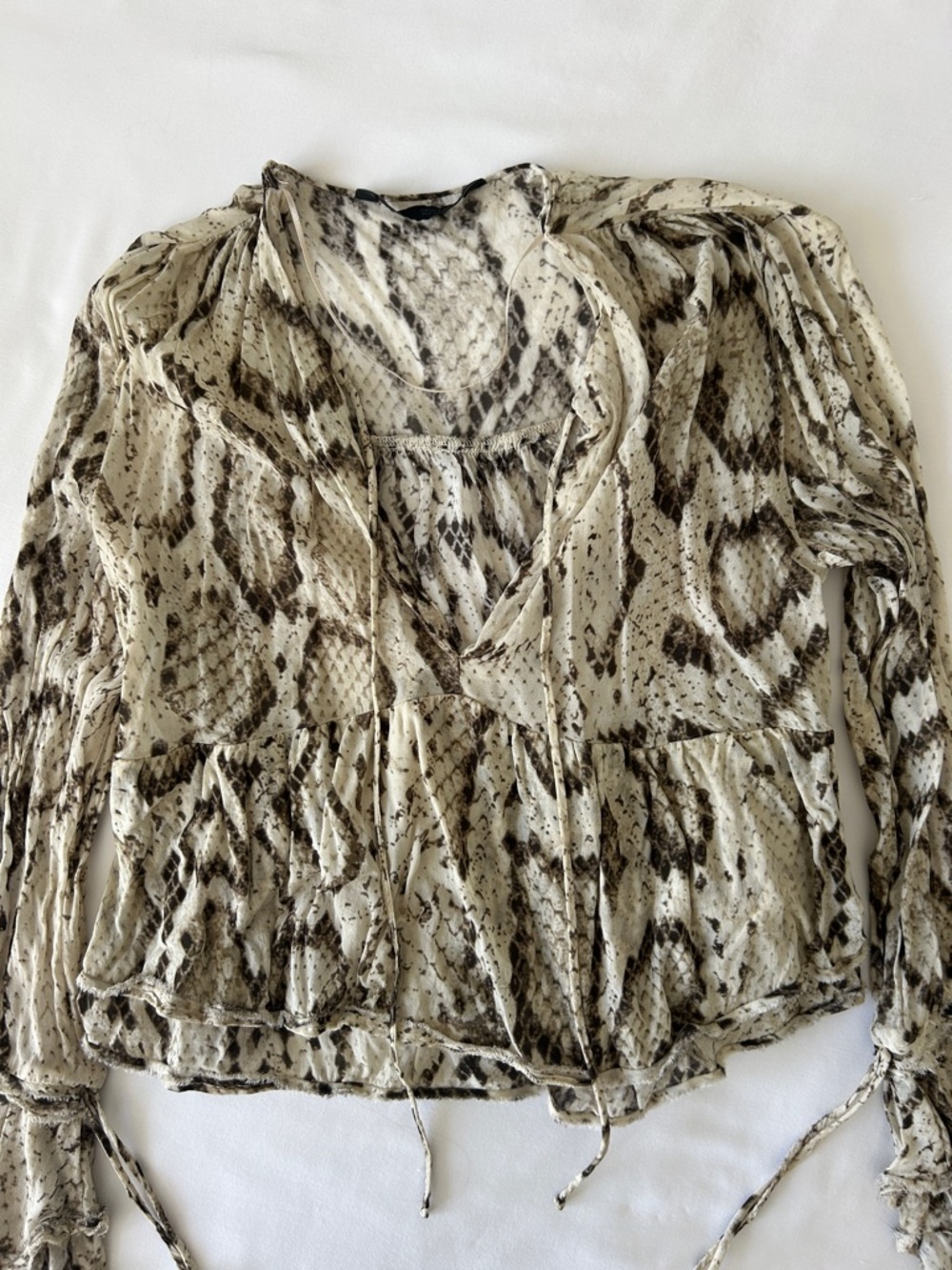 Zara Snake-Print V-Neck Peasant Top in Ivory and Brown